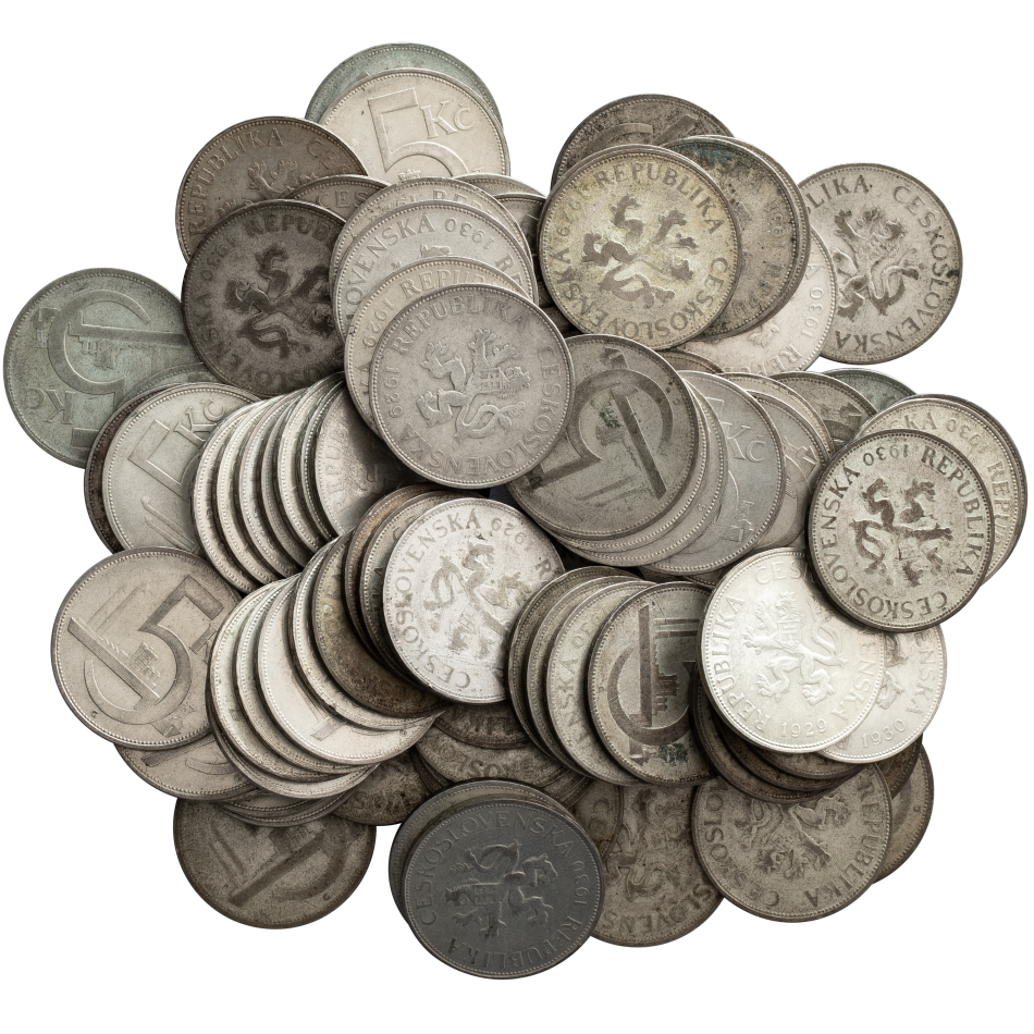 38 ks československých stříbrných 5 Kčs (1928–1932)