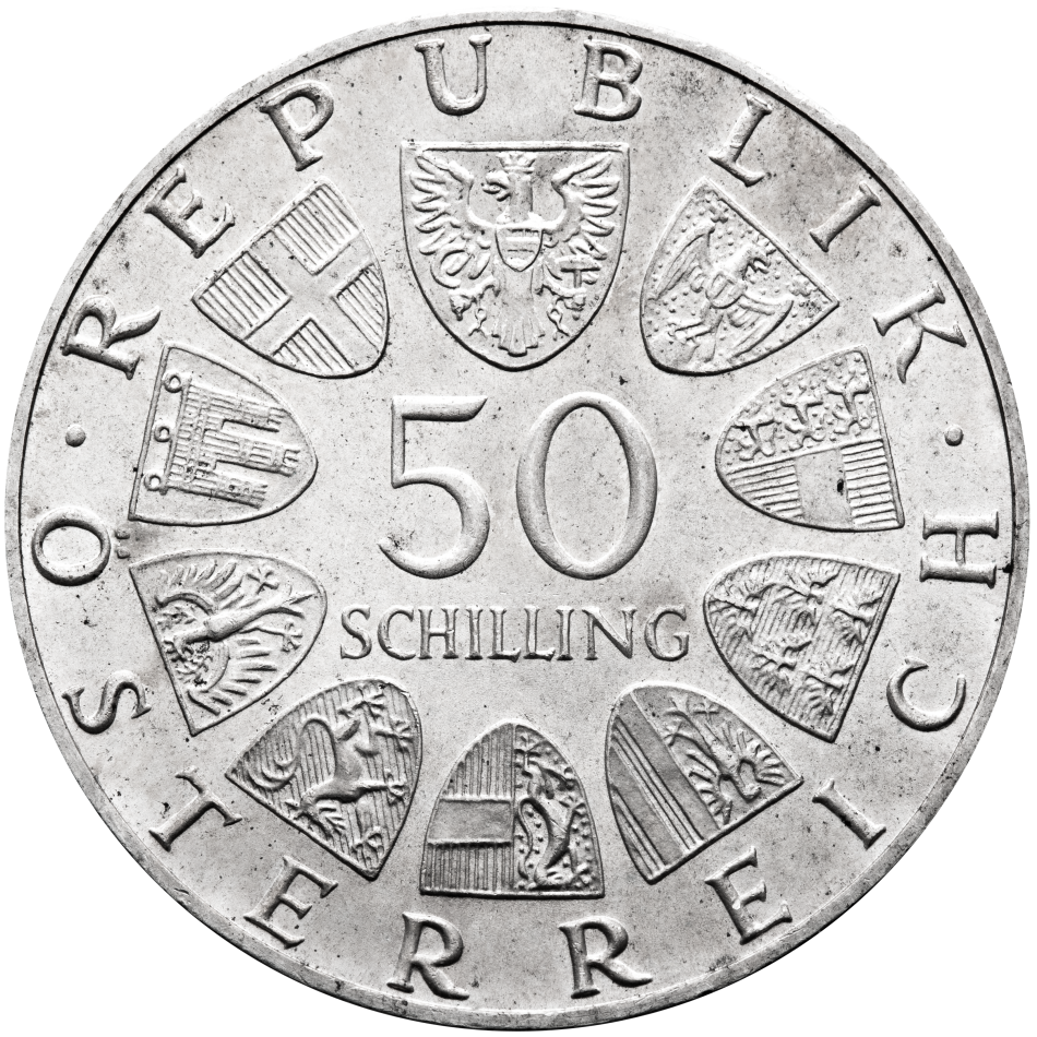 Stříbrná mince 50 Schilling 1974