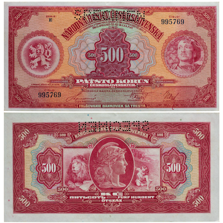 Československá bankovka 500 korun 1929 - série E - perforovaná