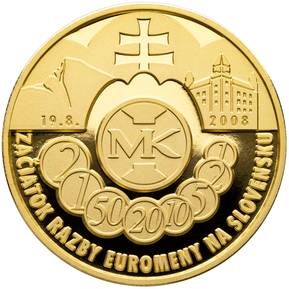 Pamětní zlatá medaile - Začiatok razby euromeny na Slovensku 2008 Proof