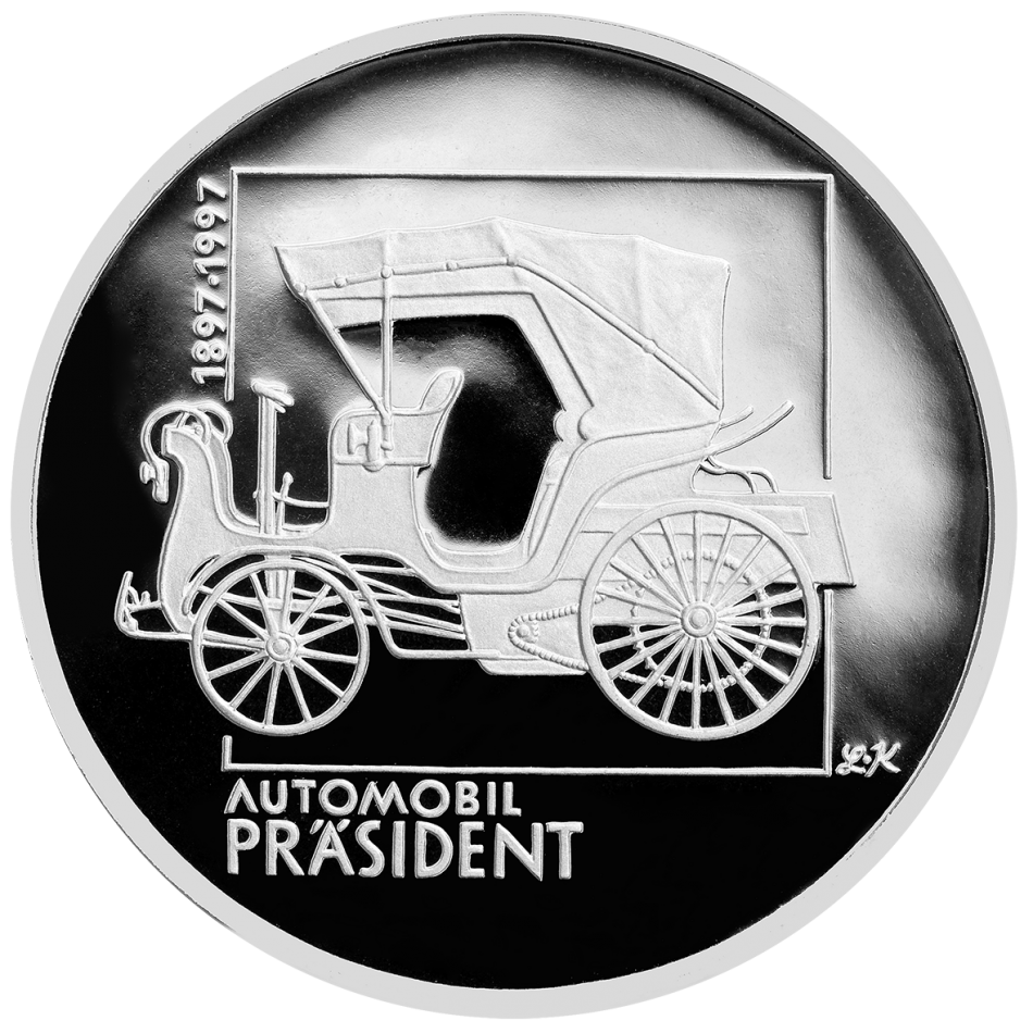 Stříbrná mince 200 Kč - 100. výročí výroby prvního osobního automobilu ve střední Evropě 1997 proof