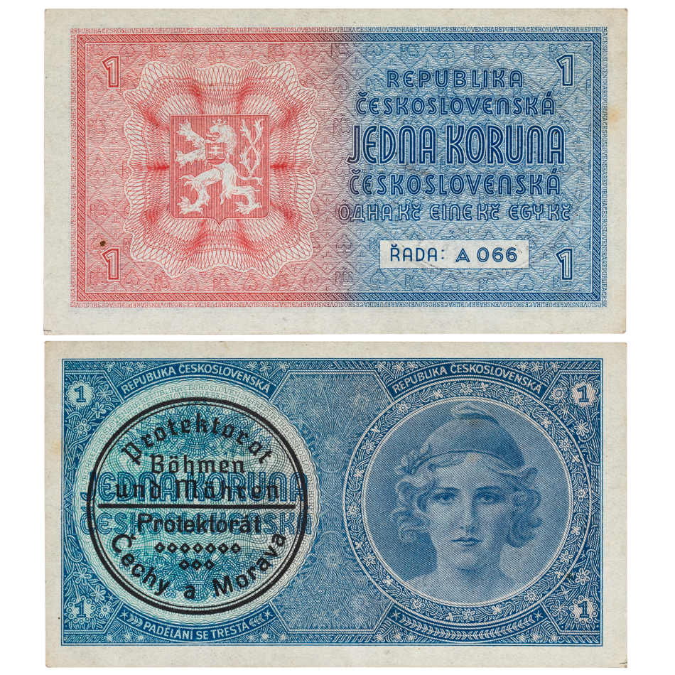 1 Kč bez data (1938 / strojový přetisk 1940)
