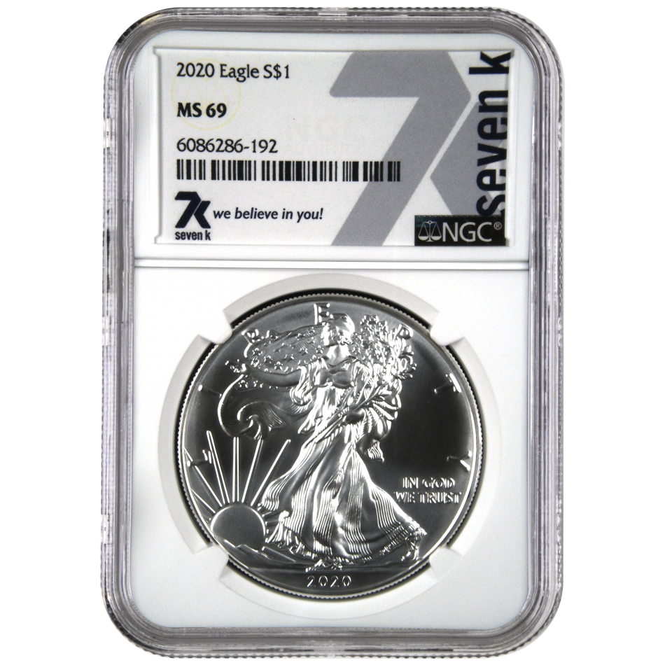 Stříbrná mince, American Silver Eagle 1 Oz 2020, certifikace NGC MS 69.