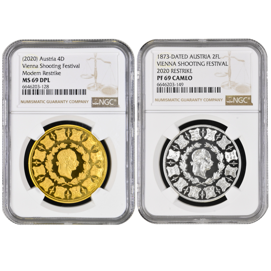 Střelby Vídeň - 4 dukát a 2 zlatník 1873/2020 NGC MS 69