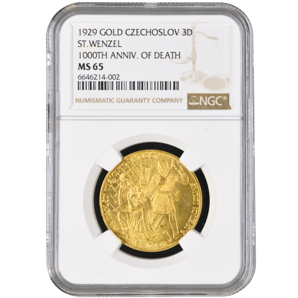 Zlatá medaile - 1000. výročí zavraždění sv. Václava 1929, certifikace NGC MS 65.