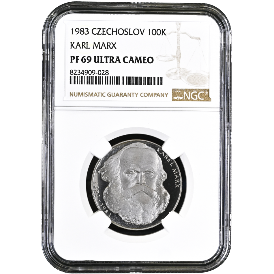 Pamětní stříbrná mince 100 Kčs, Karel Marx 1983, proof, certifikace NGC PF 69 ULTRA CAMEO.