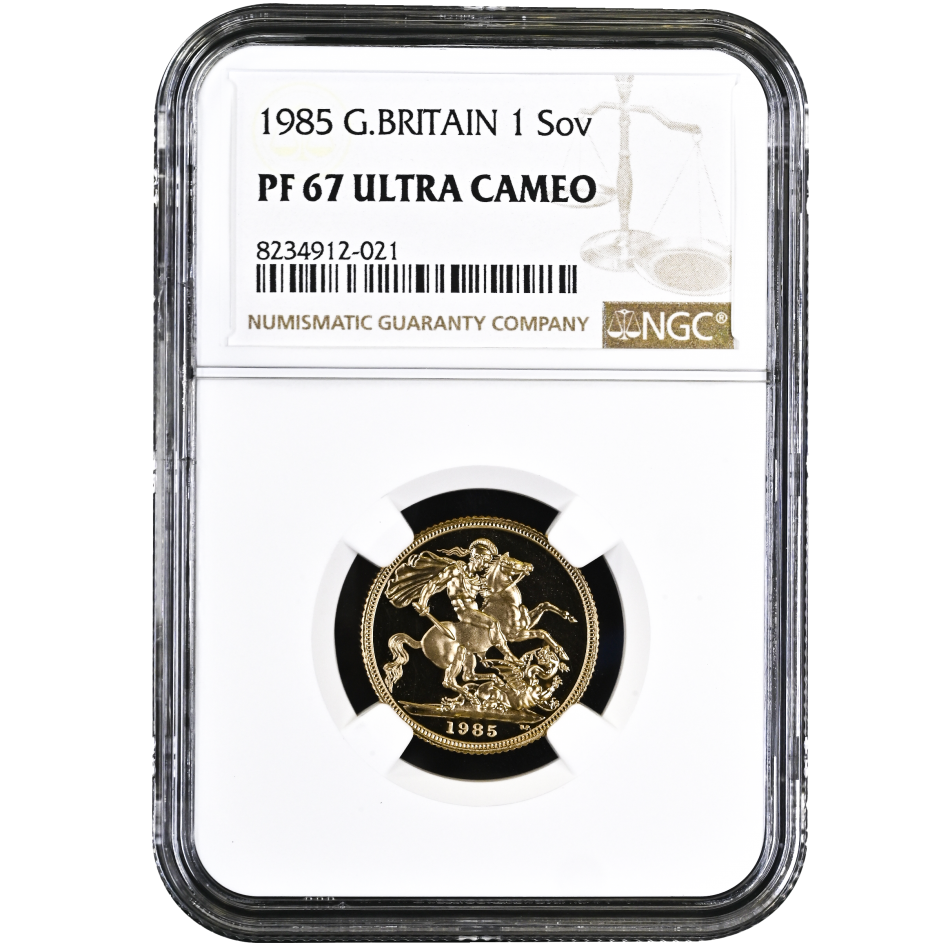 Zlatá mince Gold Sovereign 1985, certifikace NGC PF 67 ULTRA CAMEO.