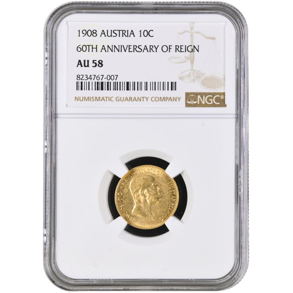 Zlatá mince 10 Korun 1908 jubilejní - NGC AU 58
