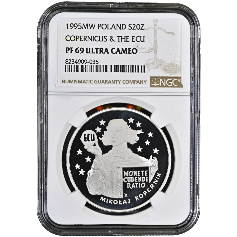 Stříbrná mince 20 złotych Mikołaj Kopernik 1995 proof, certifikace NGC PF 69 ULTRA CAMEO.