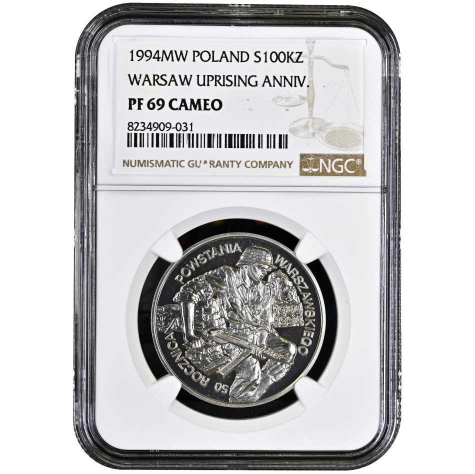 Stříbrná mince 100.000 złotych 50. výročí Varšavského povstání, certifikace NGC PF 69 CAMEO.