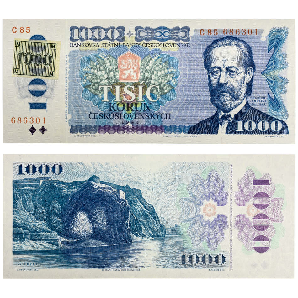 Bankovka 1000 Kč 1985 - kolek 1993 -