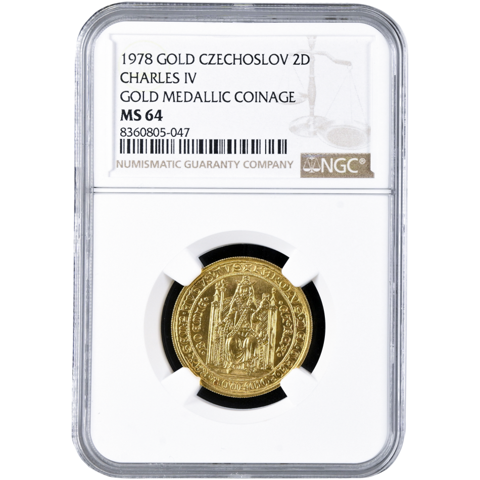 Zlatý dvoudukát k 600. výročí úmrtí Karla IV. 1978, certifikace NGC MS 64