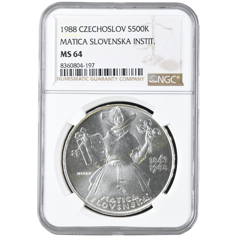 Pamětní stříbrná mince v nominální hodnotě 500 Kčs, 125. výročí Založení Matice Slovenské 1988, certifikace NGC MS 64
