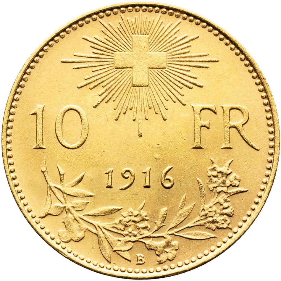 Zlatá mince 10 Frank 1916 – Helvetia