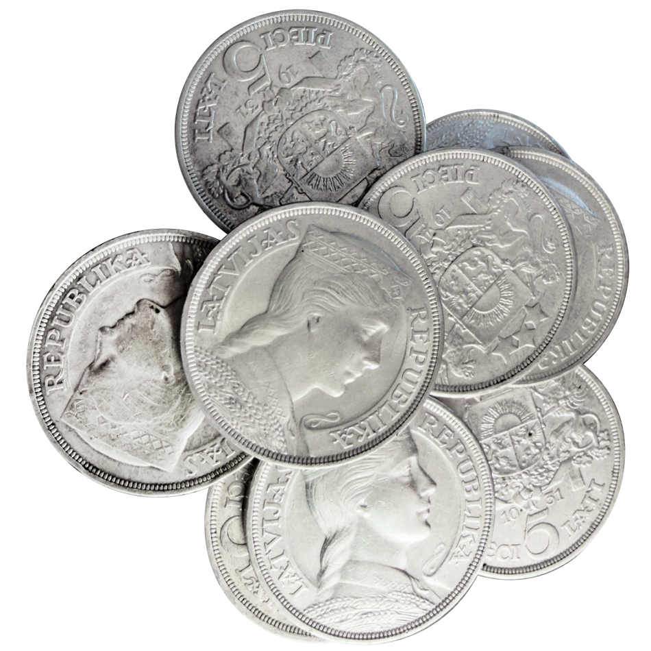 Soubor 10 ks stříbrných mincí 5 Lati 1929 - 1932