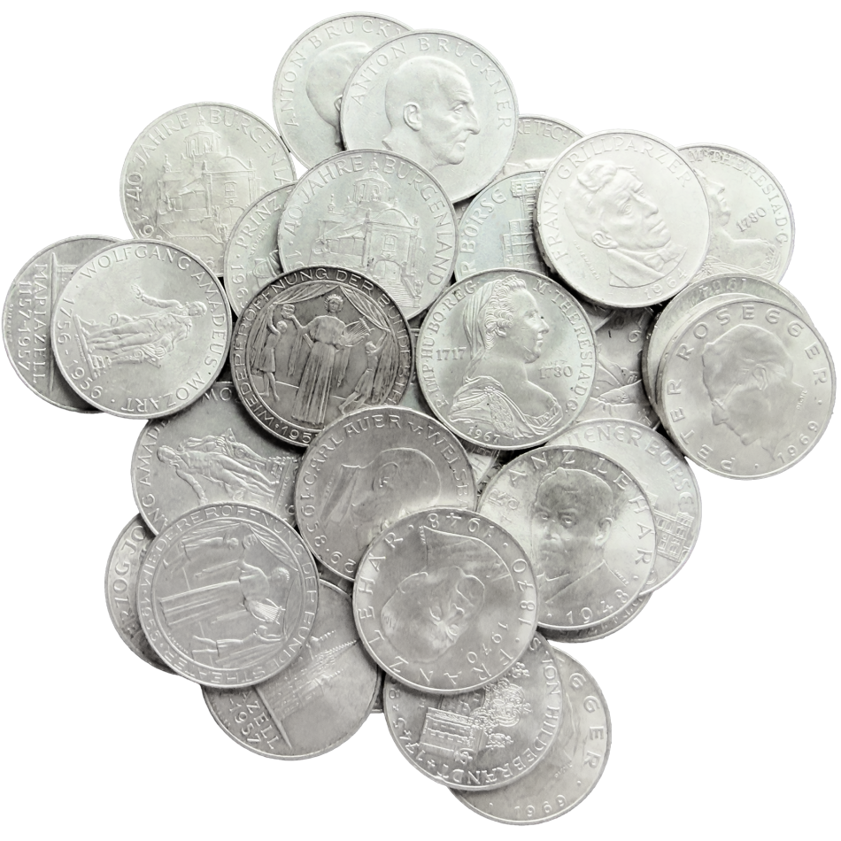 Soubor 32 ks stříbrných mincí 25 Schilling 1955 - 1973