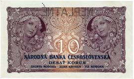 Československá bankovka v nominální hodnotě 10 Kčs - série N perforace NEPLATNÉ
