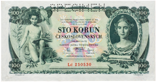Československá bankovka v nominální hodnotě 100 Kčs 1931 - série Lc, perforace SPECIMEN.