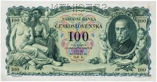 Československá bankovka v nominální hodnotě 100 Kčs 1931 - série Lc, perforace SPECIMEN.